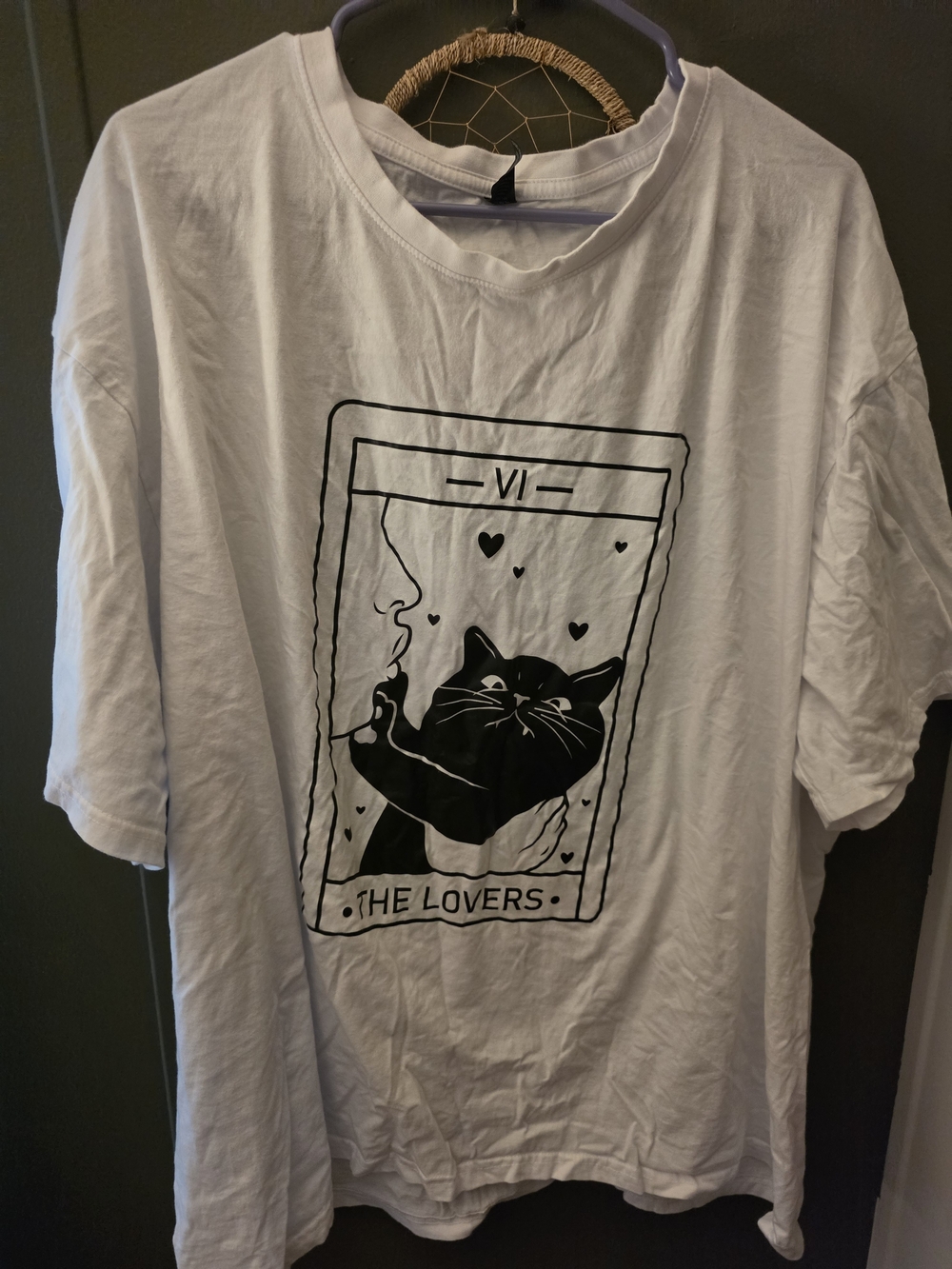 Source Unknown White Tee with Black 'The Lovers' Cat Tarot Graphic